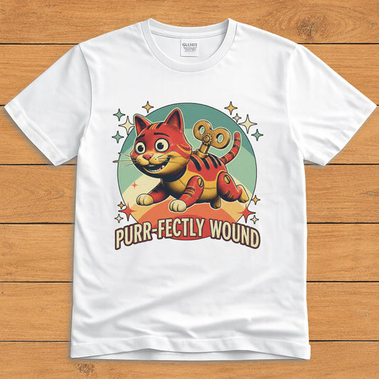White T-shirt featuring a retro wind-up cat and the words “Purr-fectly Wound”