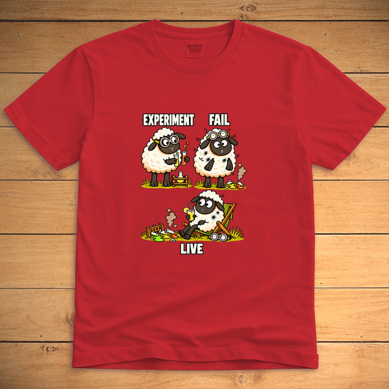 A red Funny Sheep T-Shirt with a graphic of a nerdy sheep and the text 'Experiment, Fail, Live'