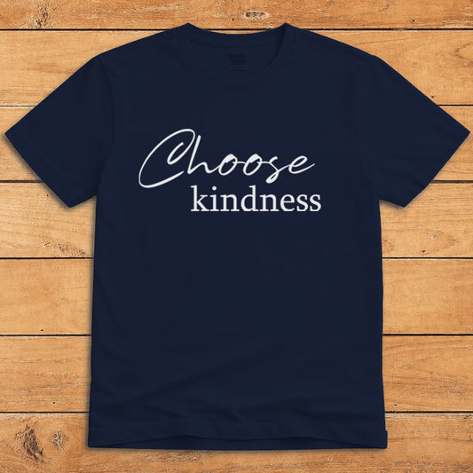 Navy positive message T-shirt with minimalist text reading “Choose Kindness”