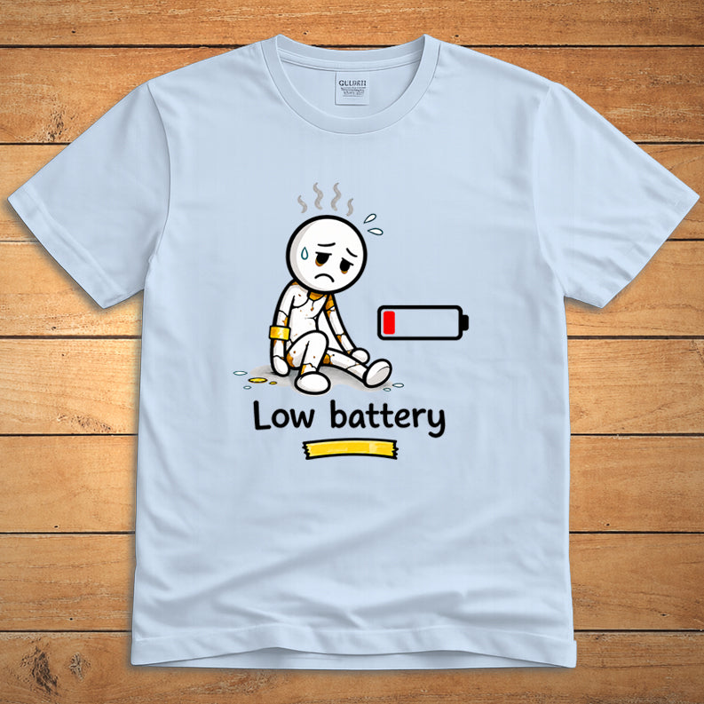 Low Battery unisex T-shirt on light blue fabric with minimalist design