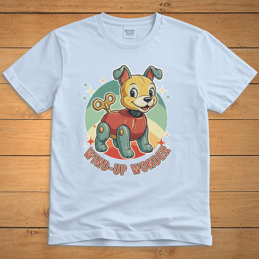Light blue vintage dog T-shirt featuring a smiling wind-up puppy and the words “Wind-Up Wonder”