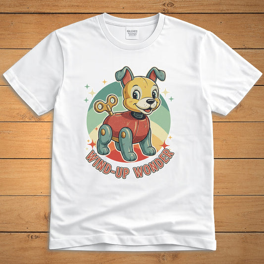 White vintage dog T-shirt featuring a smiling wind-up puppy and the words “Wind-Up Wonder”