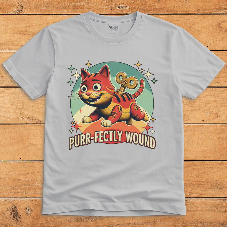 Sport grey T-shirt featuring a retro wind-up cat and the words “Purr-fectly Wound”
