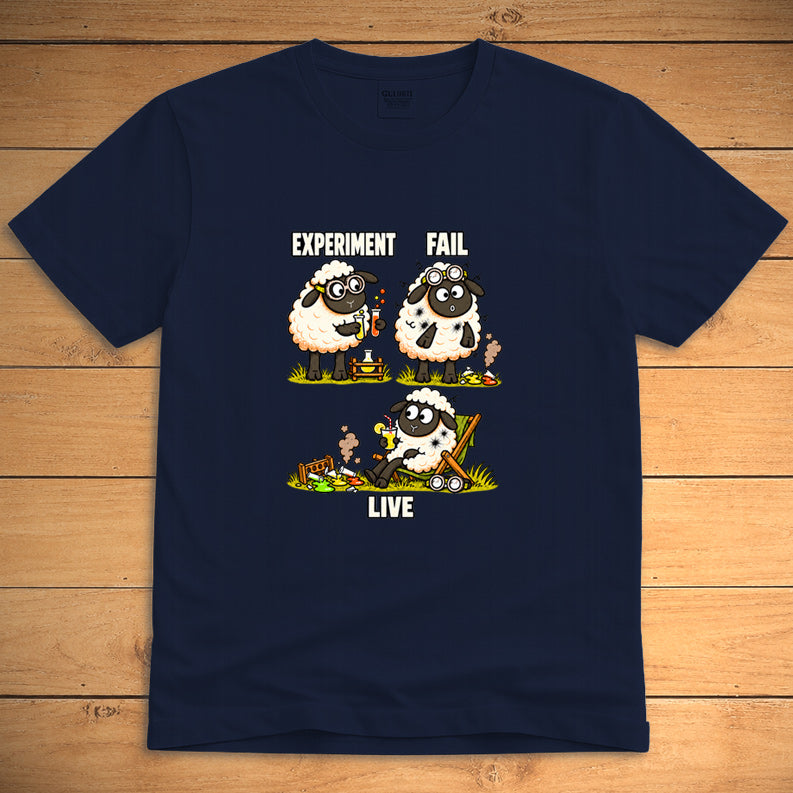 A navy Funny Sheep T-Shirt with a graphic of a nerdy sheep and the text 'Experiment, Fail, Live' 