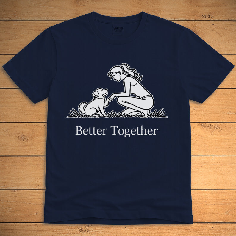 Navy dog lover T-shirt showing a girl beside her dog and the words “Better Together”