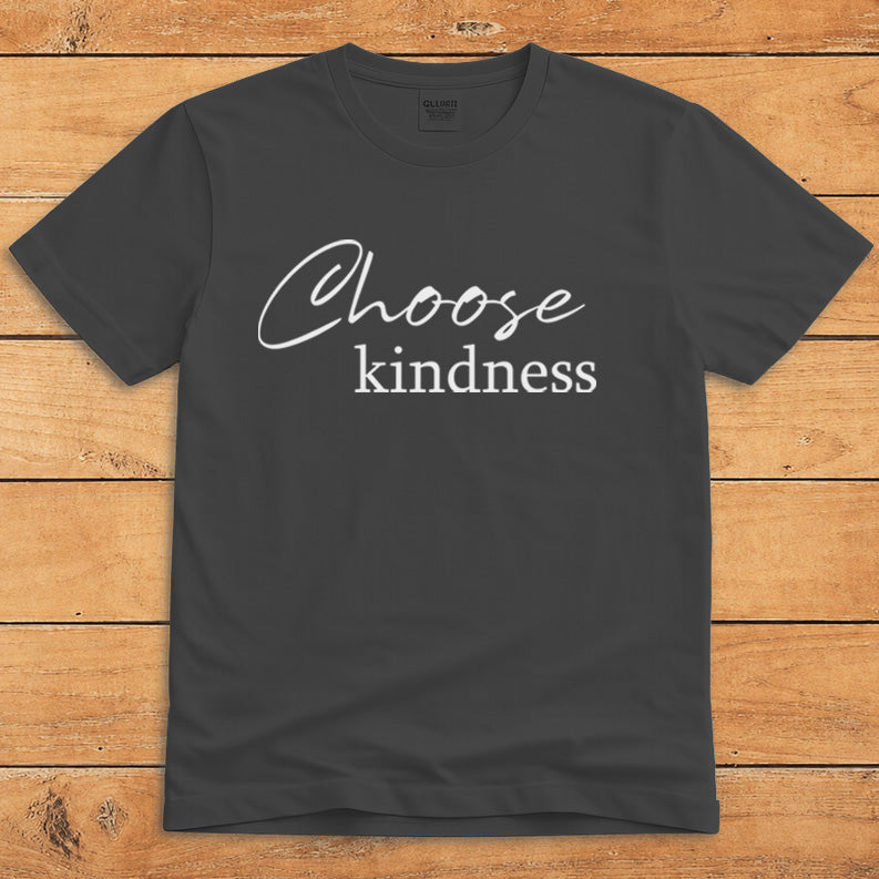 Dark heather positive message T-shirt with minimalist text reading “Choose Kindness”