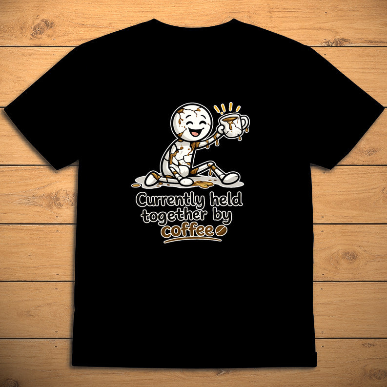 Currently Held Together by Coffee unisex T-shirt on black fabric with minimalist coffee design