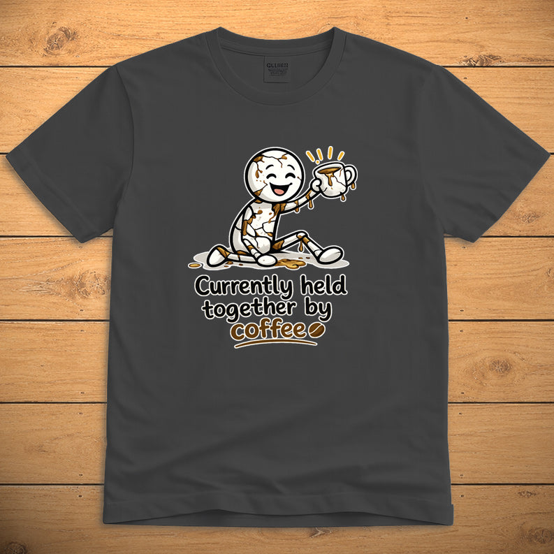 Currently Held Together by Coffee unisex T-shirt on dark heather fabric with minimalist coffee design