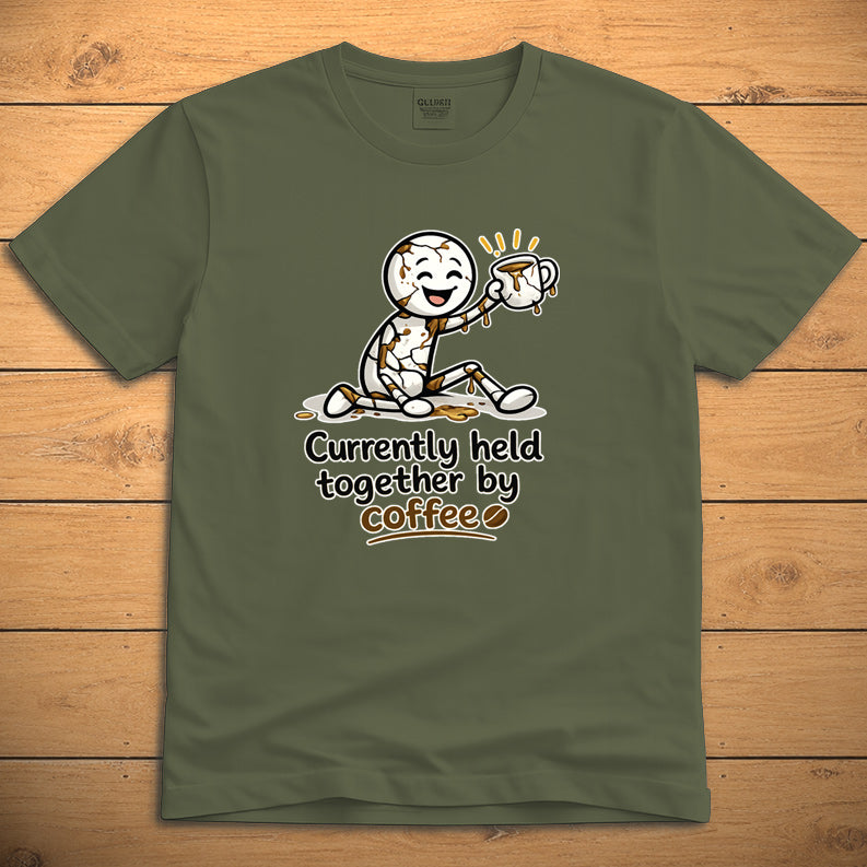 Currently Held Together by Coffee unisex T-shirt on military green fabric with minimalist coffee design