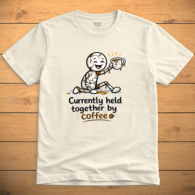 Currently Held Together by Coffee unisex T-shirt on natural fabric with minimalist coffee design