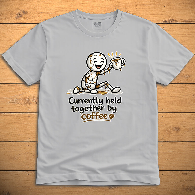 Currently Held Together by Coffee unisex T-shirt on sport grey fabric with minimalist coffee design
