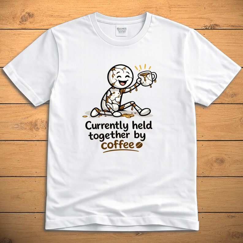 Currently Held Together by Coffee unisex T-shirt on white fabric with minimalist coffee design