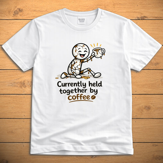 Currently Held Together by Coffee unisex T-shirt on white fabric with minimalist coffee design