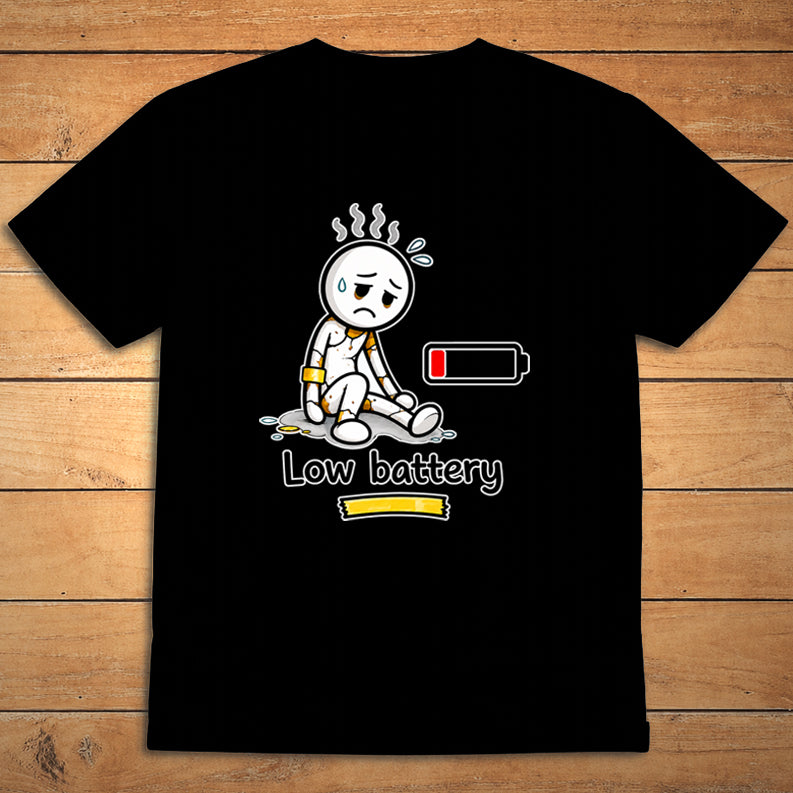 Low Battery unisex T-shirt on black fabric with minimalist design