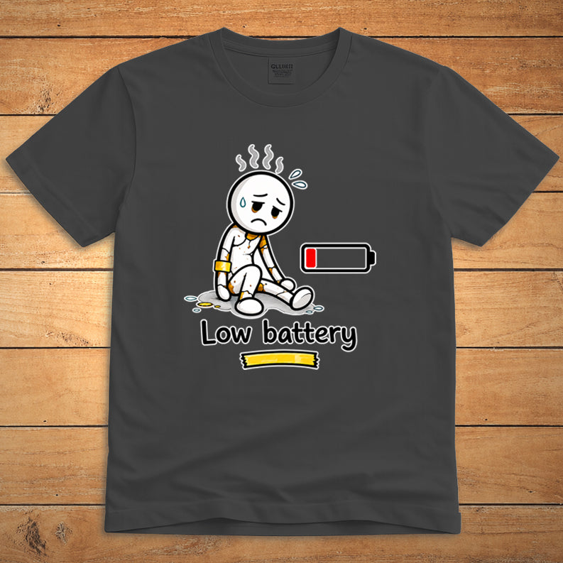 Low Battery unisex T-shirt on dark heather fabric with minimalist design