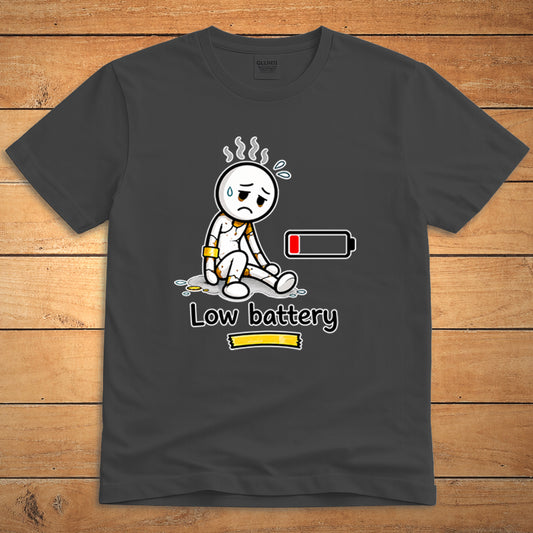 Low Battery unisex T-shirt on dark heather fabric with minimalist design