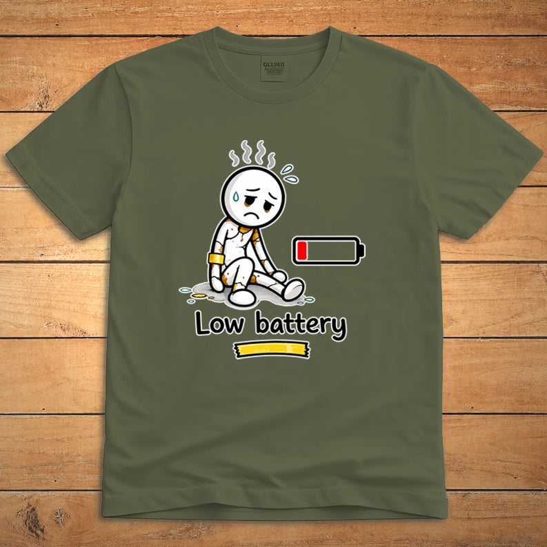 Low Battery unisex T-shirt on military green fabric with minimalist design