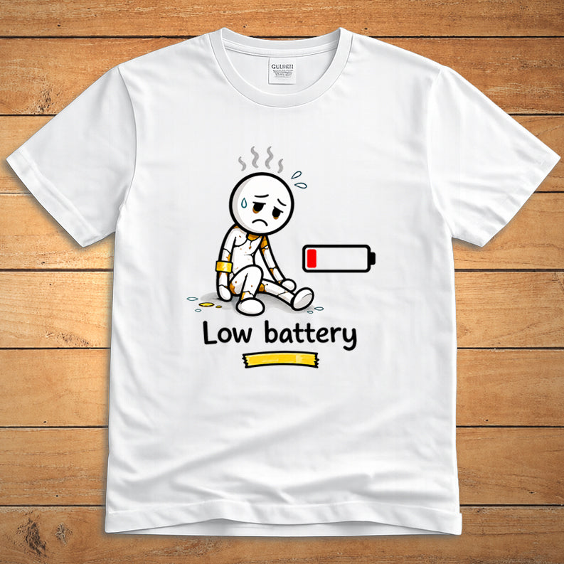 Low Battery unisex T-shirt on white fabric with minimalist design

