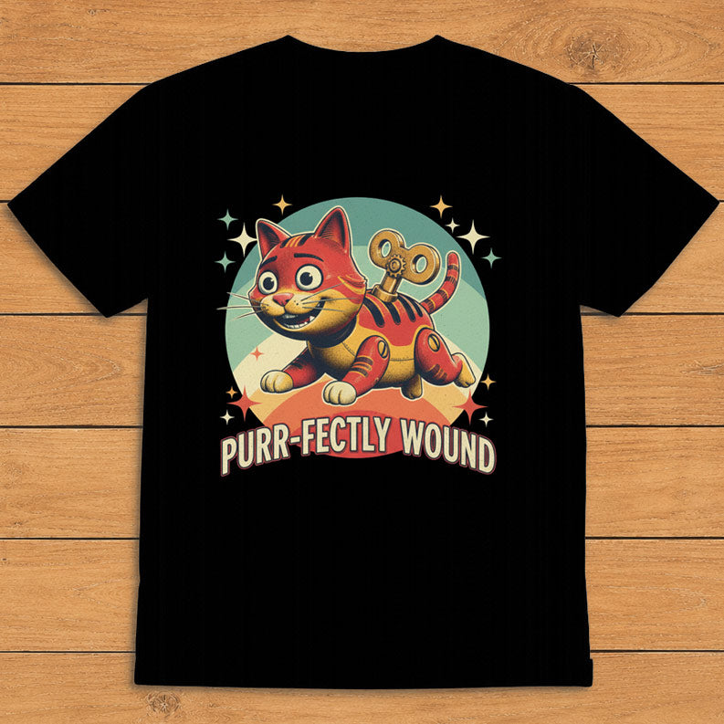 Black funny cat T-shirt featuring a retro wind-up toy and the words “Purr-fectly Wound”