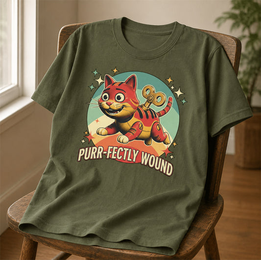 Military green T-shirt featuring a retro wind-up cat and the words “Purr-fectly Wound”