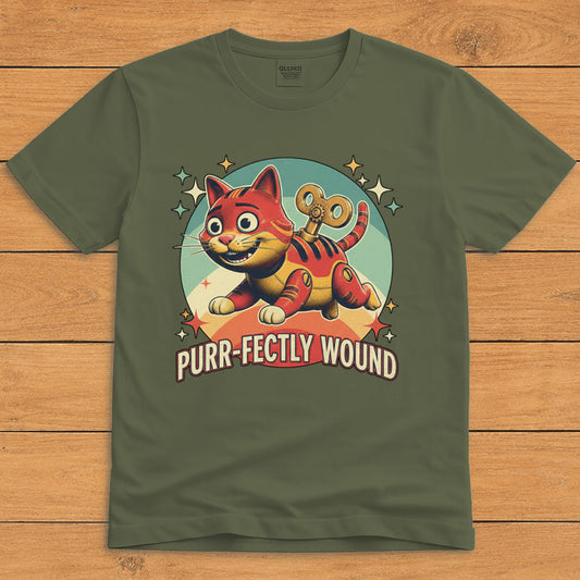 Military green funny cat T-shirt featuring a retro wind-up toy and the words “Purr-fectly Wound”