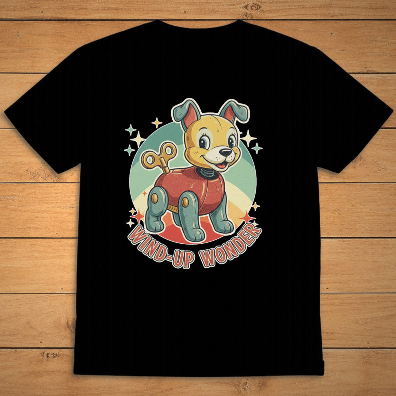 Black vintage dog T-shirt featuring a smiling wind-up puppy and the words “Wind-Up Wonder”