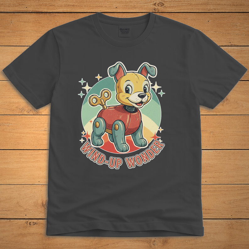 Dark heather vintage dog T-shirt featuring a smiling wind-up puppy and the words “Wind-Up Wonder”