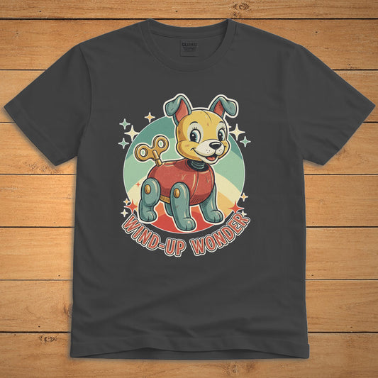 Dark heather vintage dog T-shirt featuring a smiling wind-up puppy and the words “Wind-Up Wonder”