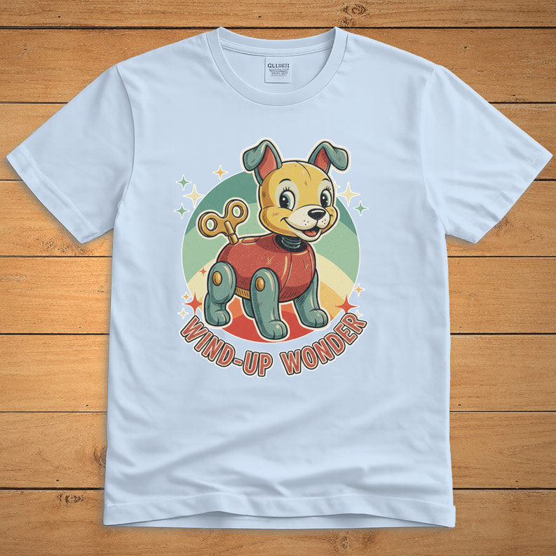 Light blue vintage dog T-shirt featuring a smiling wind-up puppy and the words “Wind-Up Wonder”