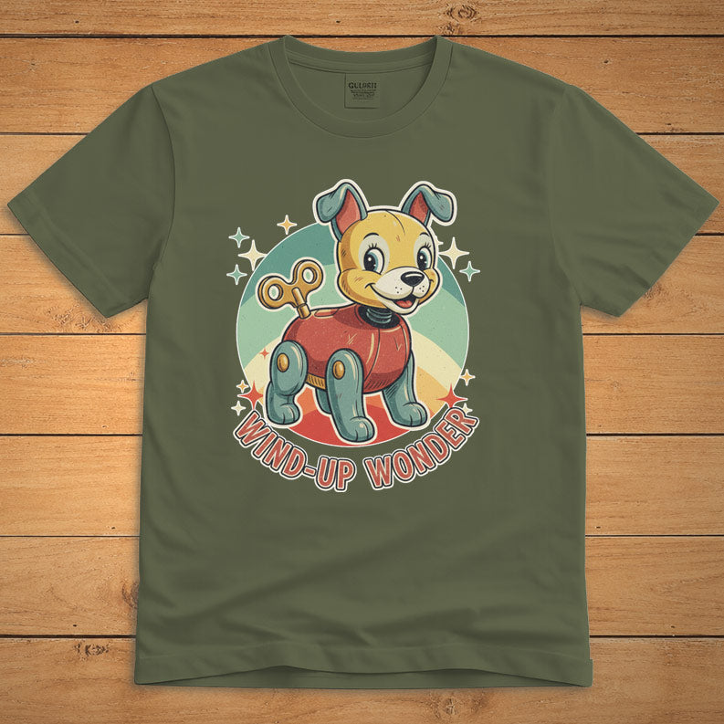 Military green vintage dog T-shirt featuring a smiling wind-up puppy and the words “Wind-Up Wonder”