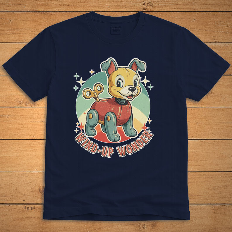 Navy vintage dog T-shirt featuring a smiling wind-up puppy and the words “Wind-Up Wonder”