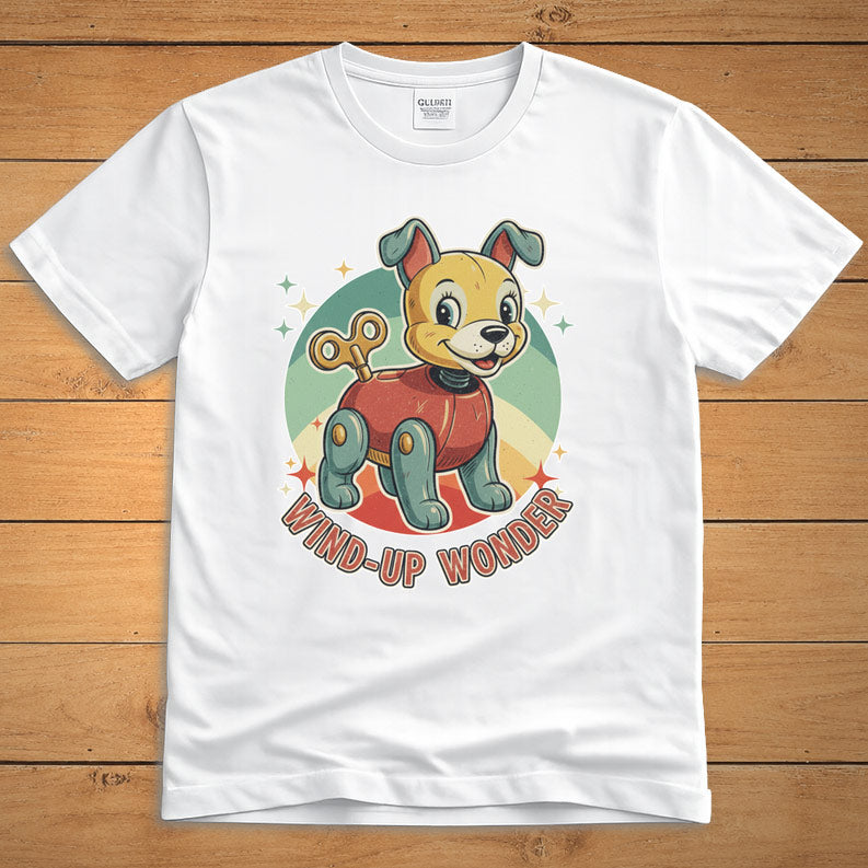 White vintage dog T-shirt featuring a smiling wind-up puppy and the words “Wind-Up Wonder”